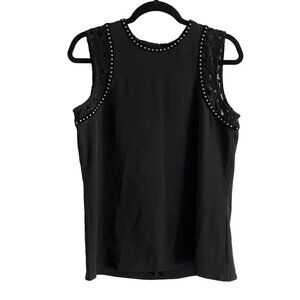 Calvin Klein Wmn S Black Lace Trim Riveted Sleeveless Zip Pullover Shell Blouse